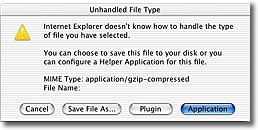 Internet Explorer doesn’t know how to handle the type of file you have selected. You can choose to save this file to your disk or you can configure a Helper Application for this file. MIME Type: application/gzip compressed